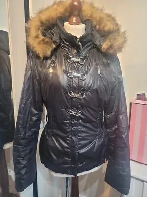 Buy P691 Dvr Black Shiny Hooded Puffer Jacket With Faux Fur Trim Size 12 • 5£
