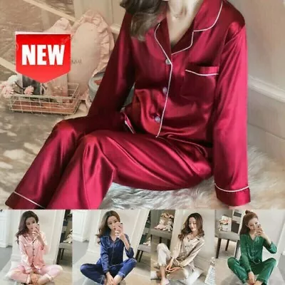 Buy Ladies Satin Pyjamas PJs Womens Silk Long Sleeve Soft Sleepwear Nightwear Set UK • 8.99£