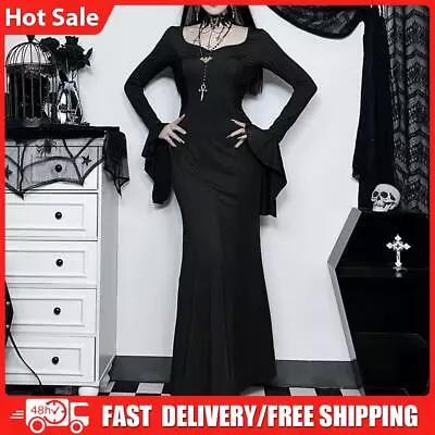 Buy Zipper Closure Black Maxi Dress Women V Neck Elegant Gothic Style Party Clothing • 19.05£
